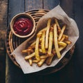 Tempting fries paired perfectly with a basket of ketchup