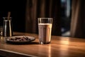 a tempting glass of rich chocolate milk, invitingly placed on a rustic wooden table. Royalty Free Stock Photo