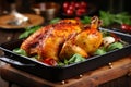 Tempting golden brown roast chicken sizzling in a sizzling pan, ready to delight your taste buds