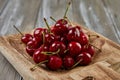 Tempting Harvest: Juicy Cherries Overflow on Wooden Scoop, Nature's Sweet Bounty