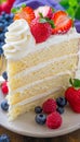 Tempting homemade strawberry sponge cake slice with fresh berries and whipped cream on a plate Royalty Free Stock Photo