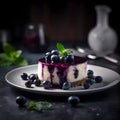 Delicious cake or cheesecake decorated with blueberries and a blueberry glaze, all set against a beautiful dark background. Royalty Free Stock Photo