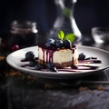 Delicious cake or cheesecake decorated with blueberries and a blueberry glaze, all set against a beautiful dark background. Royalty Free Stock Photo