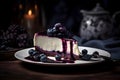 Delicious cake or cheesecake decorated with blueberries and a blueberry glaze, all set against a beautiful dark background. Royalty Free Stock Photo