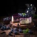 Delicious cake or cheesecake decorated with blueberries and a blueberry glaze, all set against a beautiful dark background. Royalty Free Stock Photo