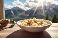 Gnocchi Dish with Dolomites Mountain Range Backdrop