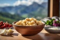 Gnocchi Dish with Dolomites Mountain Range Backdrop