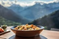 Gnocchi Dish with Dolomites Mountain Range Backdrop