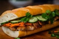 tempting macro shot of a Banh Mi sandwich with a crispy baguette, juicy pork belly, cucumber, carrot, daikon, and fresh herbs