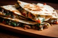 tempting macro shot of a vegetarian quesadilla stuffed with sauteed mushrooms, spinach, and onions