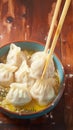 Tempting manti dumplings displayed attractively on rustic wooden backdrop