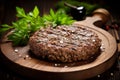 Tempting and mouthwatering grilled juicy meat burger patty served on a rustic wooden board