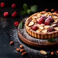 Tempting pastry Bakewell Tart displayed on dark background with space