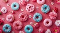 Tempting pink and blue frosted donuts with lovely flowers on bold red background