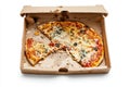 Delicious half eaten pizza in a classic pizza box. A tempting dish for any meal. Perfect for sharing with friends or a