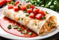 A tempting plate chicken enchiladas,but instead chicken use diced watermelon