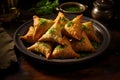 A tempting plate of samosas, golden and crispy, filled with a spiced potato and pea mixture