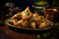 A tempting plate of samosas, golden and crispy, filled with a spiced potato and pea mixture