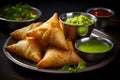 A tempting plate of samosas, golden and crispy, filled with a spiced potato and pea mixture