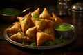 A tempting plate of samosas, golden and crispy, filled with a spiced potato and pea mixture