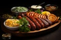 Tempting platter, Fried sausages, sauces, and herbs, ideal for beer lovers Royalty Free Stock Photo