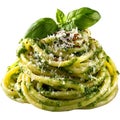 A tempting portion of spaghetti twirled with fresh basil pesto and sprinkled with parmesan on transparent background Royalty Free Stock Photo