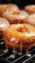 Tempting scene warm glazed donuts on a baking sheet