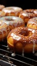 Tempting scene warm glazed donuts on a baking sheet