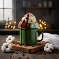 Decadent Ice Cream Mug with Chocolate Sauce Drizzle and Rustic Background Royalty Free Stock Photo