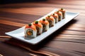 Tempting Sushi Treat: Close-Up of Expertly Crafted Sushi Roll in Food Photography with Generative AI Royalty Free Stock Photo