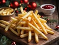 Christmas French Fries and sauce on a wooden board. Generative AI