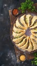 Tempting top view savory cabbage dumplings on dark background