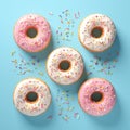 Tempting treats pink donuts adorned with sprinkles against blue backdrop