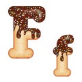 Tempting typography. Font design. 3D donut letter F glazed with chocolate cream and candy