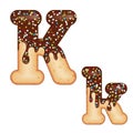 Tempting typography. Font design. 3D donut letter K glazed with chocolate cream and candy