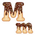 Tempting typography. Font design. 3D donut letter M glazed with chocolate cream and candy