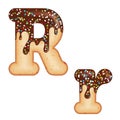 Tempting typography. Font design. 3D donut letter R glazed with chocolate cream and candy