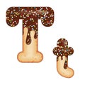 Tempting typography. Font design. 3D donut letter T glazed with chocolate cream and candy