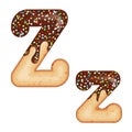Tempting typography. Font design. 3D donut letter Z glazed with chocolate cream and candy