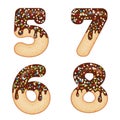 Tempting typography. Font design. 3D donut numbers five, six, seven, eight, glazed with chocolate cream and candy