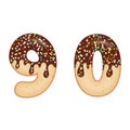 Tempting typography. Font design. 3D donut numbers nine and zero, glazed with chocolate cream and candy