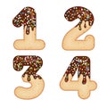 Tempting typography. Font design. 3D donut numbers one, two, three, four, glazed with chocolate cream and candy