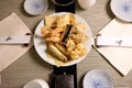 Tempura in Japanese Food Restaurant Ã¢â¬â Plate with Vegetables and Shrimps Fried in Batter, Chopsticks, Ceramic Plates Royalty Free Stock Photo