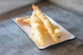 Tempura prawn on rectangular plate