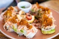 Tempura prawn sushi roll plate with crab stick Royalty Free Stock Photo