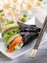 Tempura and sake temaki Royalty Free Stock Photo