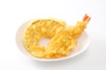 Tempura of shrimp pumpkin on plate on white background