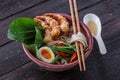 Tempura shrimps with asian noodle soup in a bowl Royalty Free Stock Photo