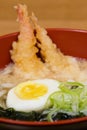 Tempura udon with fried shrimps, boiled egg, green algae, leeks, tipical japanese noodles