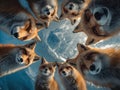 Ten arctic foxes in a circle, against an icy cosmic gradient backdrop, hyperrealistic and cinematic lighting, geometric Royalty Free Stock Photo